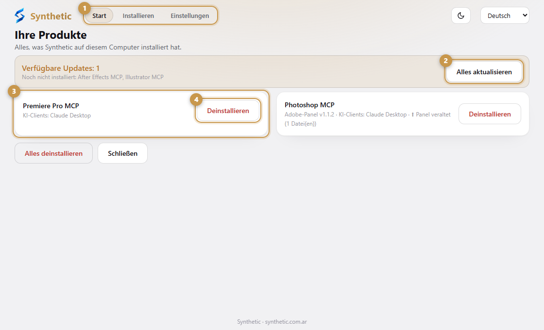 Der Startbildschirm des Synthetic Installer, der die installierten Produkte und ein ausstehendes Update auflistet