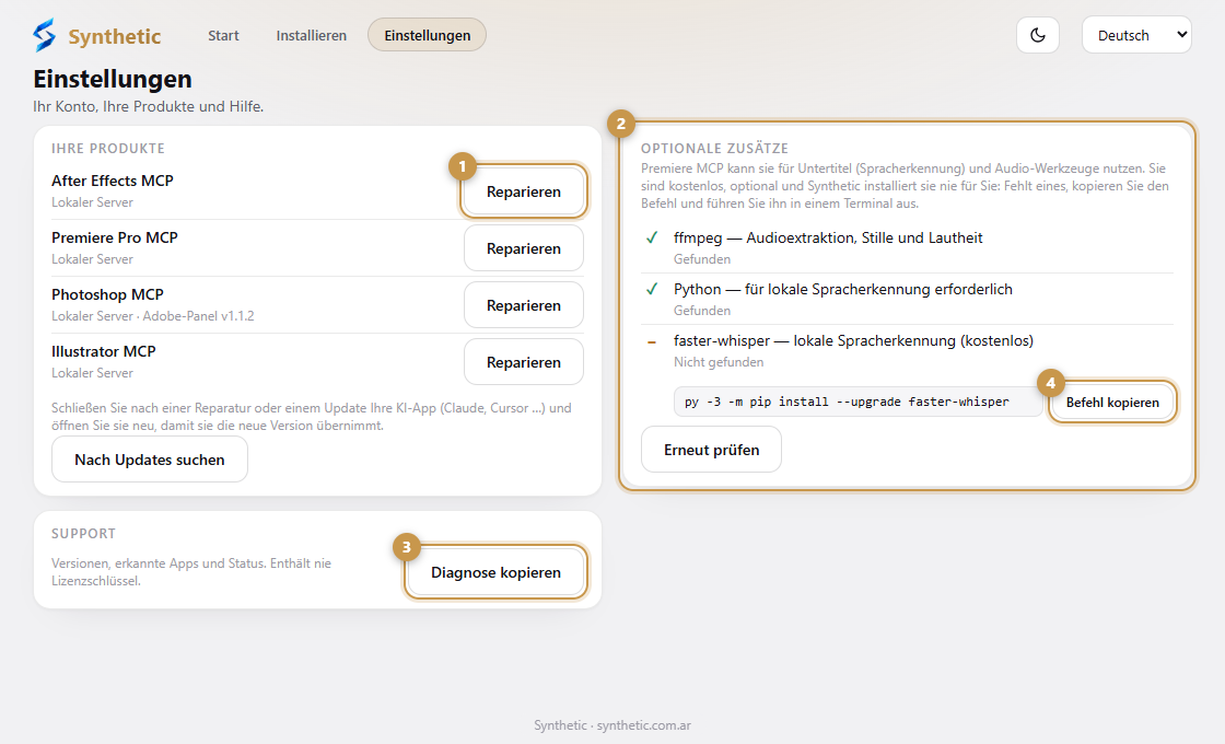 Der Einstellungen‑Bildschirm mit einer Karte pro Produkt, einer Reparieren‑Schaltfläche und der Diagnose‑kopieren‑Schaltfläche