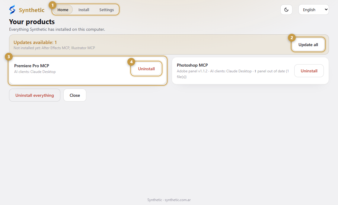 The Home screen of Synthetic Installer, listing the installed products and an update waiting