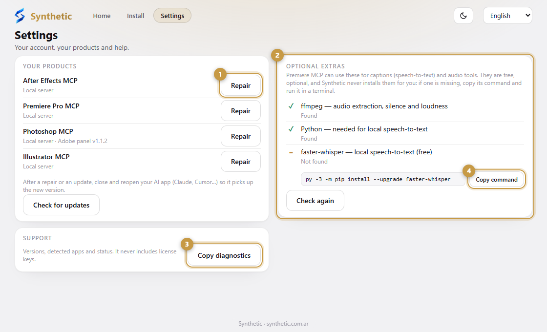 The Settings screen with a card per product, a Repair button and the diagnostics button