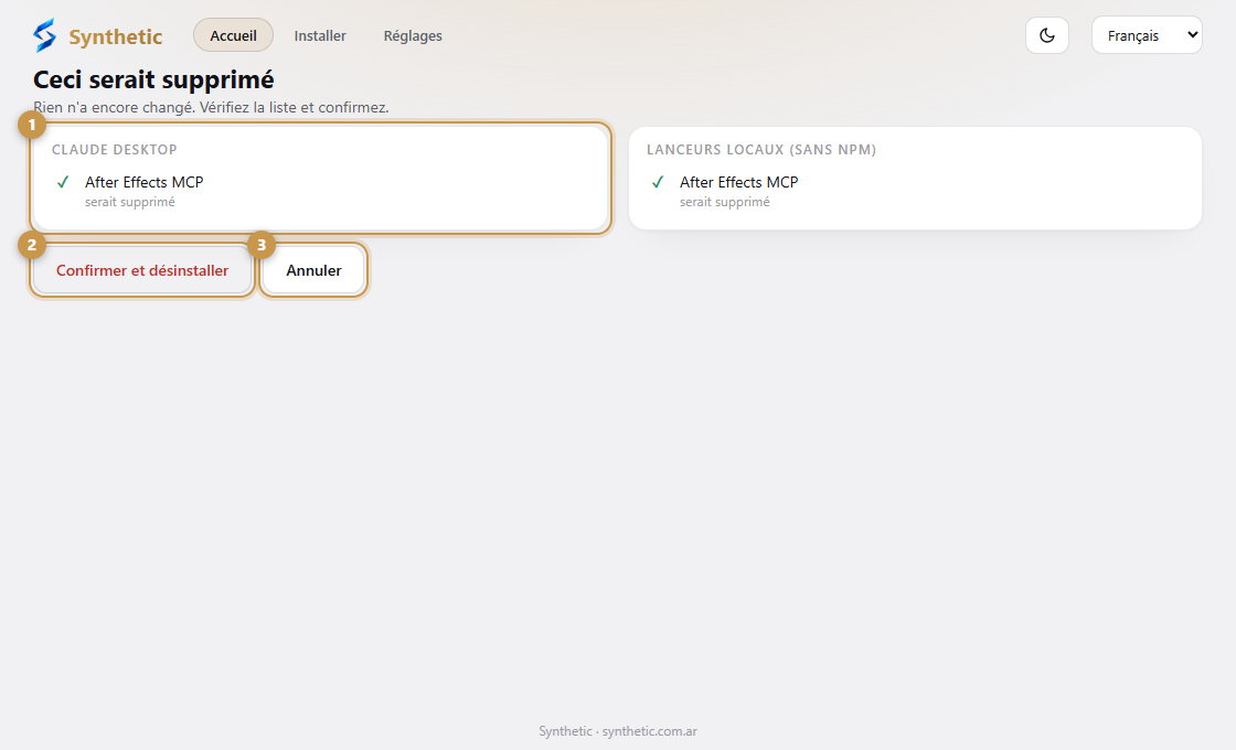L'aperçu de désinstallation listant exactement ce qui sera supprimé