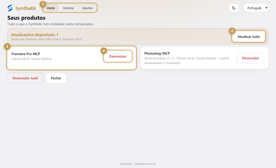 A tela de Início do Synthetic Installer, listando os produtos instalados e uma atualização pendente