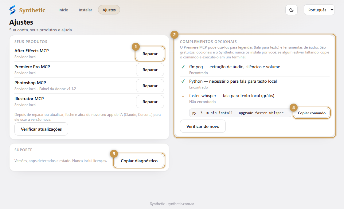A tela de Ajustes com um card por produto, um botão Reparar e o botão de diagnóstico